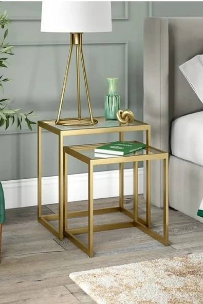 TOLIAHOME Modern Gold Renk Metal İskeletli Temper Camlı Zigon Sehpa Yan Sehpa - Resim 2