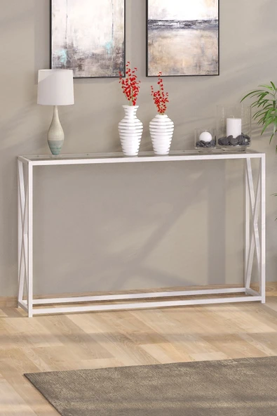 TOLIAHOME Modern Beyaz Renk Metal İskeletli Temper Camlı Raflı Dresuar Konsol