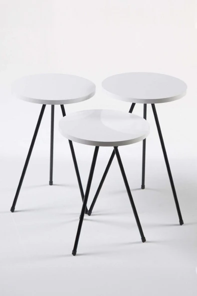 Devin Dekor Mobilya Zigon Sehpa 3 Lü Siyah Metal Ayak Beyaz Tabla - Resim 3