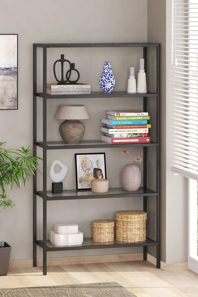 TOLIAHOME Modern 5 Katlı Siyah Renk Metal İskeletli Cam Raflı Aksesuar Rafı Kitaplık