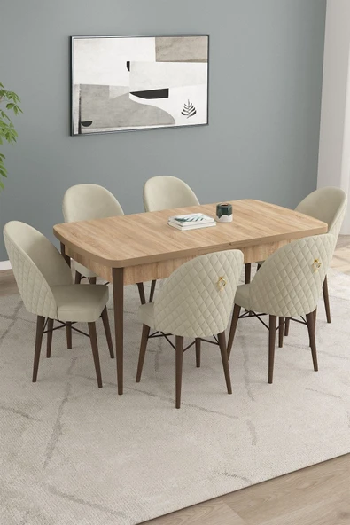 Calvin Meşe Desen 80x132 Açılabilir Mdf Masa Yemek Odası Takımı, Mutfak Takımı 6 Adet Sandalye Krem