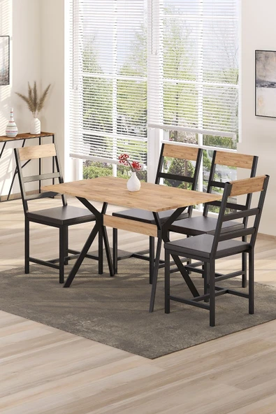 TOLIAHOME Ventora Yemek Masası Atlantik Çam Renk Metal Ayaklı Mutfak Masası Yemek Masası Masa - 4