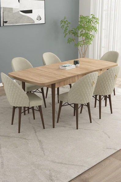 Calvin Meşe Desen 80x132 Açılabilir Mdf Masa Yemek Odası Takımı, Mutfak Takımı 6 Adet Sandalye Krem - 2