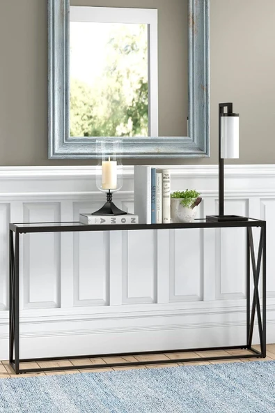 TOLIAHOME Modern Siyah Renk Metal İskeletli Temper Camlı Raflı Dresuar Konsol