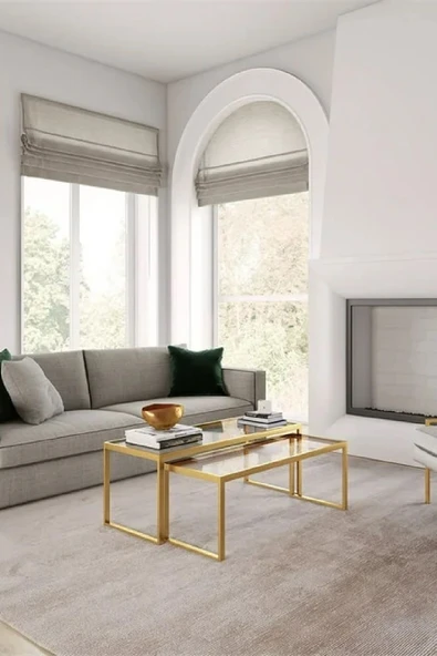 TOLIAHOME Modern Gold Renk 2’li Metal İskeletli Temper Camlı Zigon Orta Sehpa