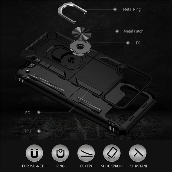 Samsung Galaxy Z Flip 3 Uyumlu Kamera Korumalı Standlı Yüzüklü Tank Kılıf - Resim 3