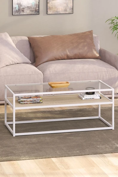 TOLIAHOME Modern Endülüs Beyaz Renk Metal Iskeletli Temper Camlı 2 Katlı Dikdörtgen Orta Sehpa - 2