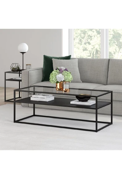 TOLIAHOME Modern Siyah Renk Metal İskeletli Temper Camlı 2 Katlı Dikdörtgen Orta Sehpa - Resim 6