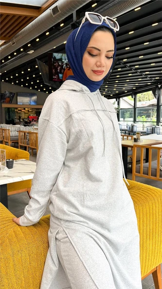 Uzun Tunik Kapşonlu Kenardan Yırtmaçlı İkili Spor Takım - 03034-1.008 - Gri - Resim 2
