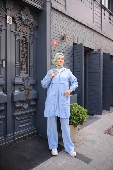 Fermuarlı Kapşonlu Cepli Kısa İkili Tesettür Eşofman Takımı - (38-46) - 71280 - İndigo - Resim 2