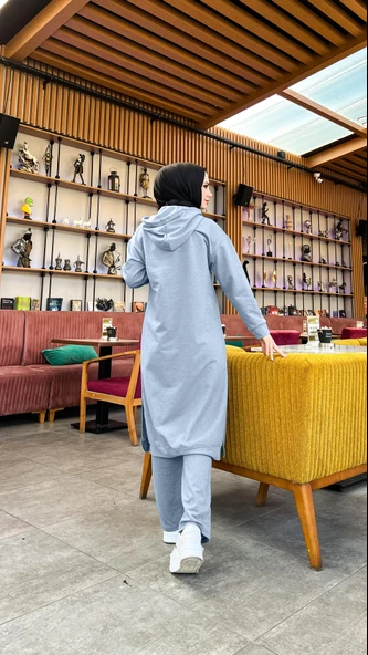 Uzun Tunik Kapşonlu Kenardan Yırtmaçlı İkili Spor Takım - 03034-1.006 - İndigo - 6