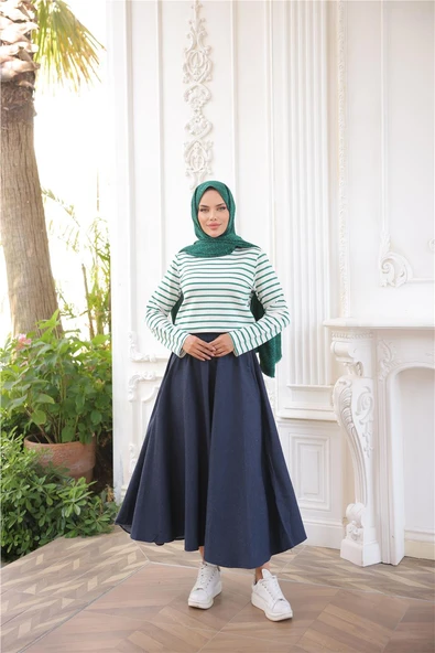 O Yaka Yatay Çizgili Uzun Kollu Kısa Yırtmaçlı Kısa Tunik - (38-46) - 71296 - Koyu Yeşil - Resim 4