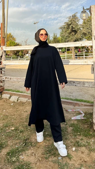 O Yaka Yırtmançlı Uzun Geniş Rahat Tunik Pantolon Sade Basic Spor Takımı - 03040-1.003 - Siyah ürün görseli