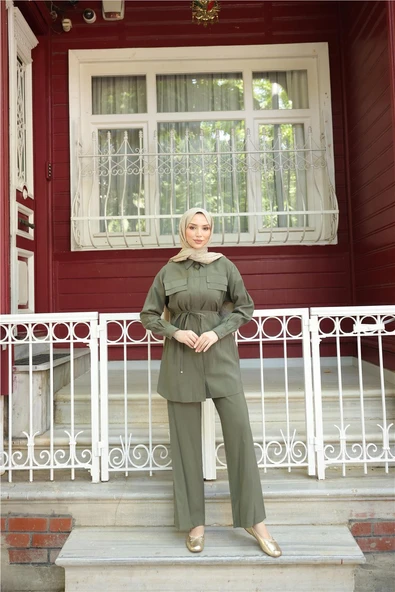 Gömlek Yaka Belden Bağcıklı Kısa Tunik İkili Tesettür Eşofman Takımı - (38-46) - 71299 - Haki - Resim 2