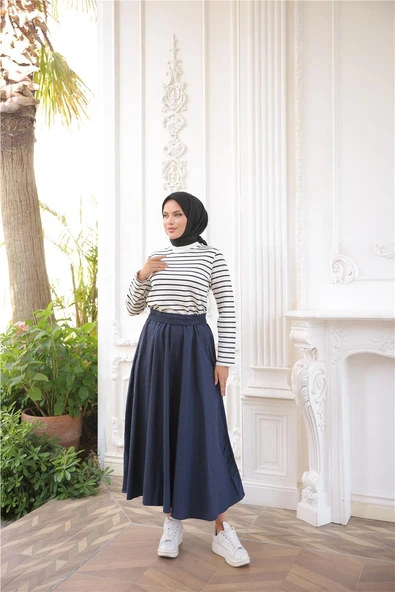 O Yaka Yatay Çizgili Uzun Kollu Kısa Yırtmaçlı Kısa Tunik - (38-46) - 71296 - Siyah - Resim 4