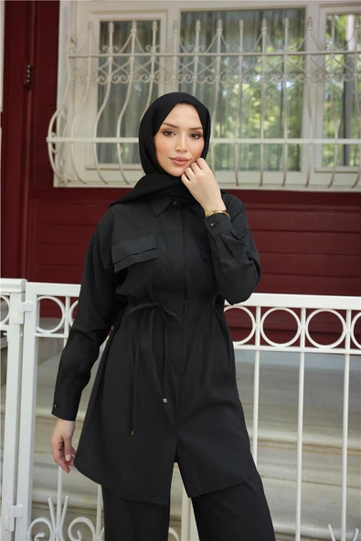 Gömlek Yaka Belden Bağcıklı Kısa Tunik İkili Tesettür Eşofman Takımı - (38-46) - 71299 - Siyah - Resim 4