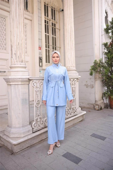 Balıkçı Yaka Belden Lastikli Cepli Metal Düğme Detaylı İkili Tesettür Eşofman Takımı - (38-46) - 71292 - İndigo - Resim 3