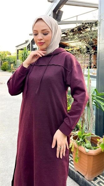 Uzun Tunik Kapşonlu Kenardan Yırtmaçlı İkili Spor Takım - 03034-1.020 - Mürdüm - Resim 2