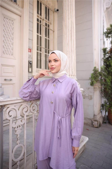 Gömlek Yaka Belden Yarı Bağcıklı Cepli Metal Düğme Detaylı İkili Tesettür Eşofman Takımı - (38-46) - 71293 - Koyu Lila - Resim 5