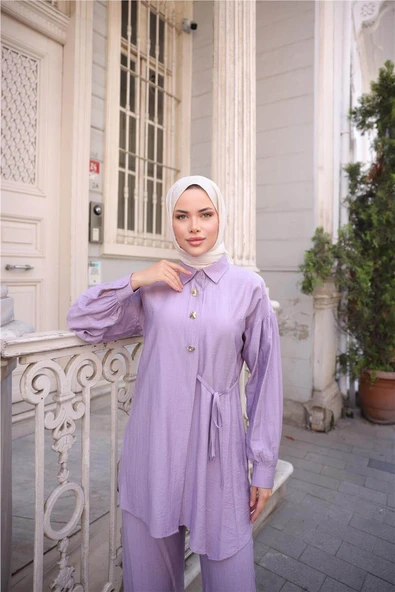 Gömlek Yaka Belden Yarı Bağcıklı Cepli Metal Düğme Detaylı İkili Tesettür Eşofman Takımı - (38-46) - 71293 - Koyu Lila - Resim 4