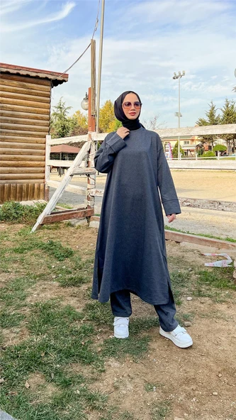 O Yaka Yırtmançlı Uzun Geniş Rahat Tunik Pantolon Sade Basic Spor Takımı - 03040-1.017 - Antrasit - Resim 5