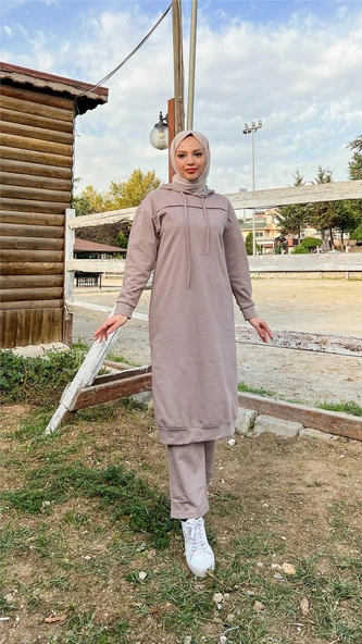 Uzun Tunik Kapşonlu Kenardan Yırtmaçlı İkili Spor Takım - 03034-1.016 - Vizon ürün görseli