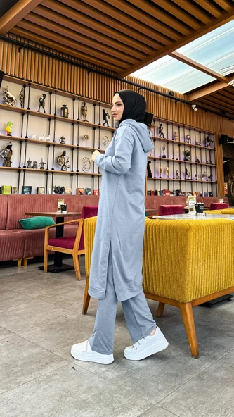 Uzun Tunik Kapşonlu Kenardan Yırtmaçlı İkili Spor Takım - 03034-1.006 - İndigo - 5