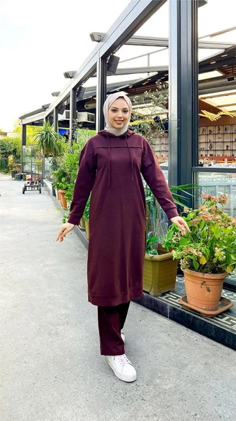 Uzun Tunik Kapşonlu Kenardan Yırtmaçlı İkili Spor Takım - 03034-1.020 - Mürdüm ürün görseli