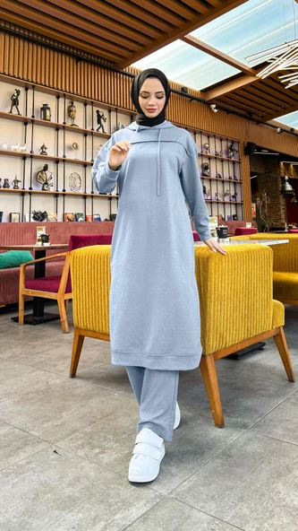 Uzun Tunik Kapşonlu Kenardan Yırtmaçlı İkili Spor Takım - 03034-1.006 - İndigo - 2