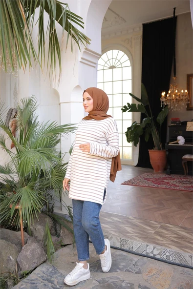 O Yaka Yatay Çizgili Uzun Kollu Kısa Yırtmaçlı Tunik - (38-46) - 71295 - Vizon - Resim 4