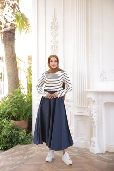 O Yaka Yatay Çizgili Uzun Kollu Kısa Yırtmaçlı Kısa Tunik - (38-46) - 71296 - Kahverengi - Resim 6