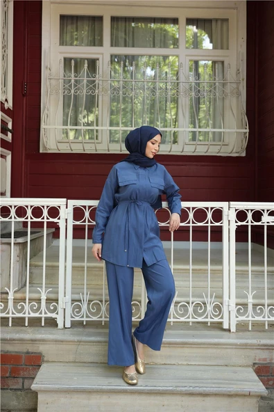 Gömlek Yaka Belden Bağcıklı Kısa Tunik İkili Tesettür Eşofman Takımı - (38-46) - 71299 - İndigo - Resim 3
