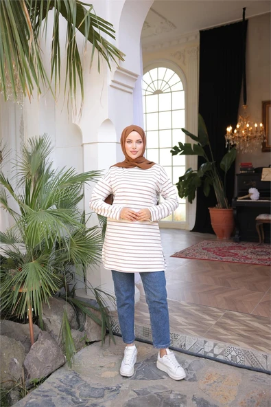 O Yaka Yatay Çizgili Uzun Kollu Kısa Yırtmaçlı Tunik - (38-46) - 71295 - Vizon - Resim 5