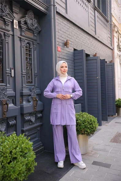 Fermuarlı Kapşonlu Cepli Kısa İkili Tesettür Eşofman Takımı - (38-46) - 71280 - Lila - Resim 2