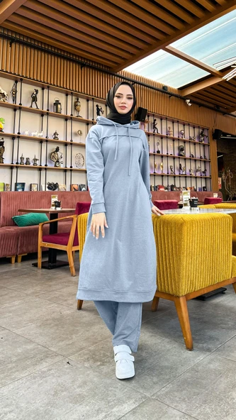 Uzun Tunik Kapşonlu Kenardan Yırtmaçlı İkili Spor Takım - 03034-1.006 - İndigo - 3