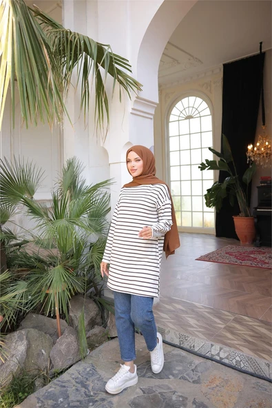 O Yaka Yatay Çizgili Uzun Kollu Kısa Yırtmaçlı Tunik - (38-46) - 71295 - Kahverengi - Resim 4