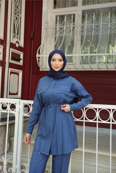 Gömlek Yaka Belden Bağcıklı Kısa Tunik İkili Tesettür Eşofman Takımı - (38-46) - 71299 - İndigo - Resim 5