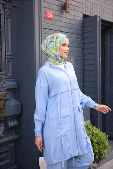 Fermuarlı Kapşonlu Cepli Kısa İkili Tesettür Eşofman Takımı - (38-46) - 71280 - İndigo - Resim 4