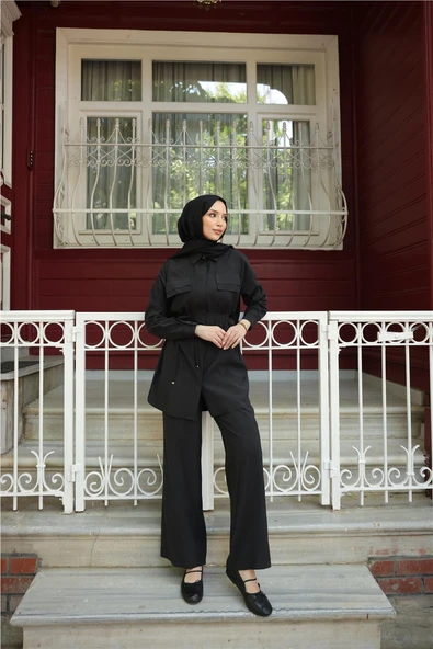 Gömlek Yaka Belden Bağcıklı Kısa Tunik İkili Tesettür Eşofman Takımı - (38-46) - 71299 - Siyah - Resim 3