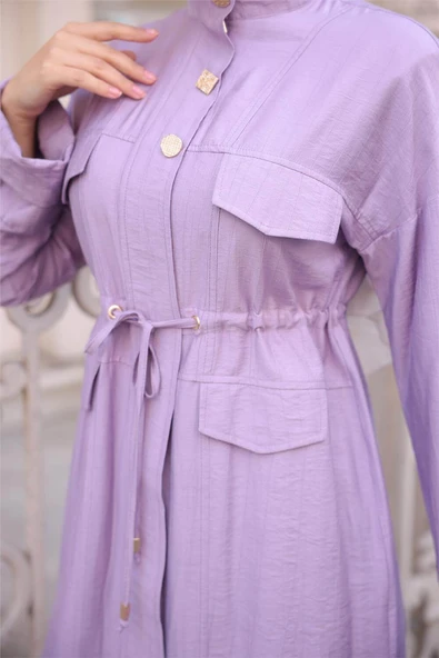 Balıkçı Yaka Belden Lastikli Cepli Metal Düğme Detaylı İkili Tesettür Eşofman Takımı - (38-46) - 71292 - Koyu Lila - Resim 5