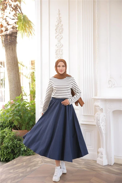 O Yaka Yatay Çizgili Uzun Kollu Kısa Yırtmaçlı Kısa Tunik - (38-46) - 71296 - Kahverengi - Resim 5