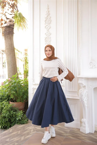 O Yaka Yatay Çizgili Uzun Kollu Kısa Yırtmaçlı Kısa Tunik - (38-46) - 71296 - Vizon - Resim 3