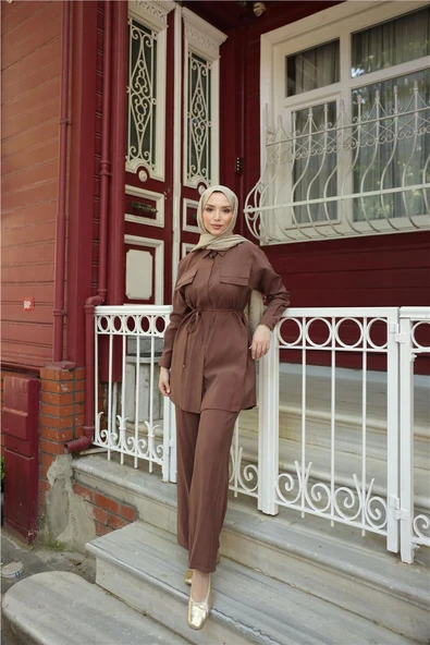 Gömlek Yaka Belden Bağcıklı Kısa Tunik İkili Tesettür Eşofman Takımı - (38-46) - 71299 - Kahverengi - Resim 2