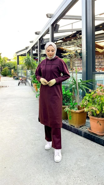 Uzun Tunik Kapşonlu Kenardan Yırtmaçlı İkili Spor Takım - 03034-1.020 - Mürdüm - Resim 4