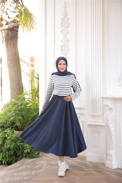 O Yaka Yatay Çizgili Uzun Kollu Kısa Yırtmaçlı Kısa Tunik - (38-46) - 71296 - Lacivert ürün görseli