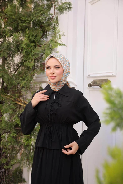 Gömlek Yaka Büzgülü, Bağcıklı Kısa Tunik Dökümlü Etek Takımı - (38-46) - 71291 - Siyah - 4