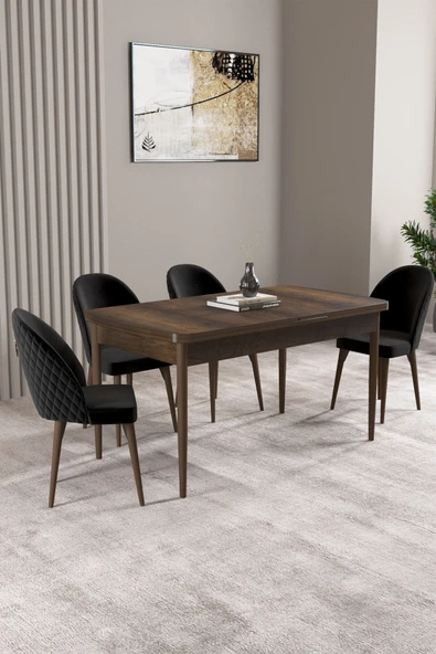 Milas Barok Desen 80x132 Açılabilir Mdf Masa Yemek Odası Takımı, Mutfak Takımı 4 Adet Sandalye Siyah