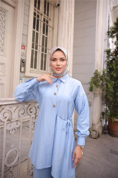 Gömlek Yaka Belden Yarı Bağcıklı Cepli Metal Düğme Detaylı İkili Tesettür Eşofman Takımı - (38-46) - 71293 - İndigo - 4