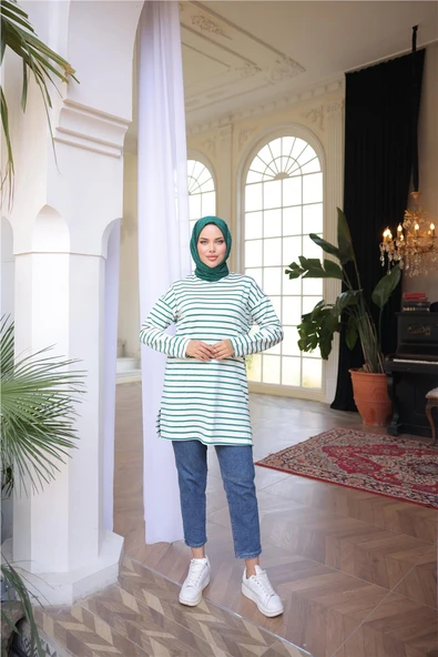 O Yaka Yatay Çizgili Uzun Kollu Kısa Yırtmaçlı Tunik - (38-46) - 71295 - Koyu Yeşil - Resim 2