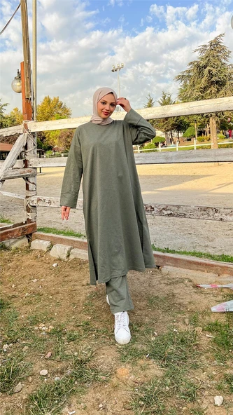 O Yaka Yırtmançlı Uzun Geniş Rahat Tunik Pantolon Sade Basic Spor Takımı - 03040-1.005 - Haki - 4